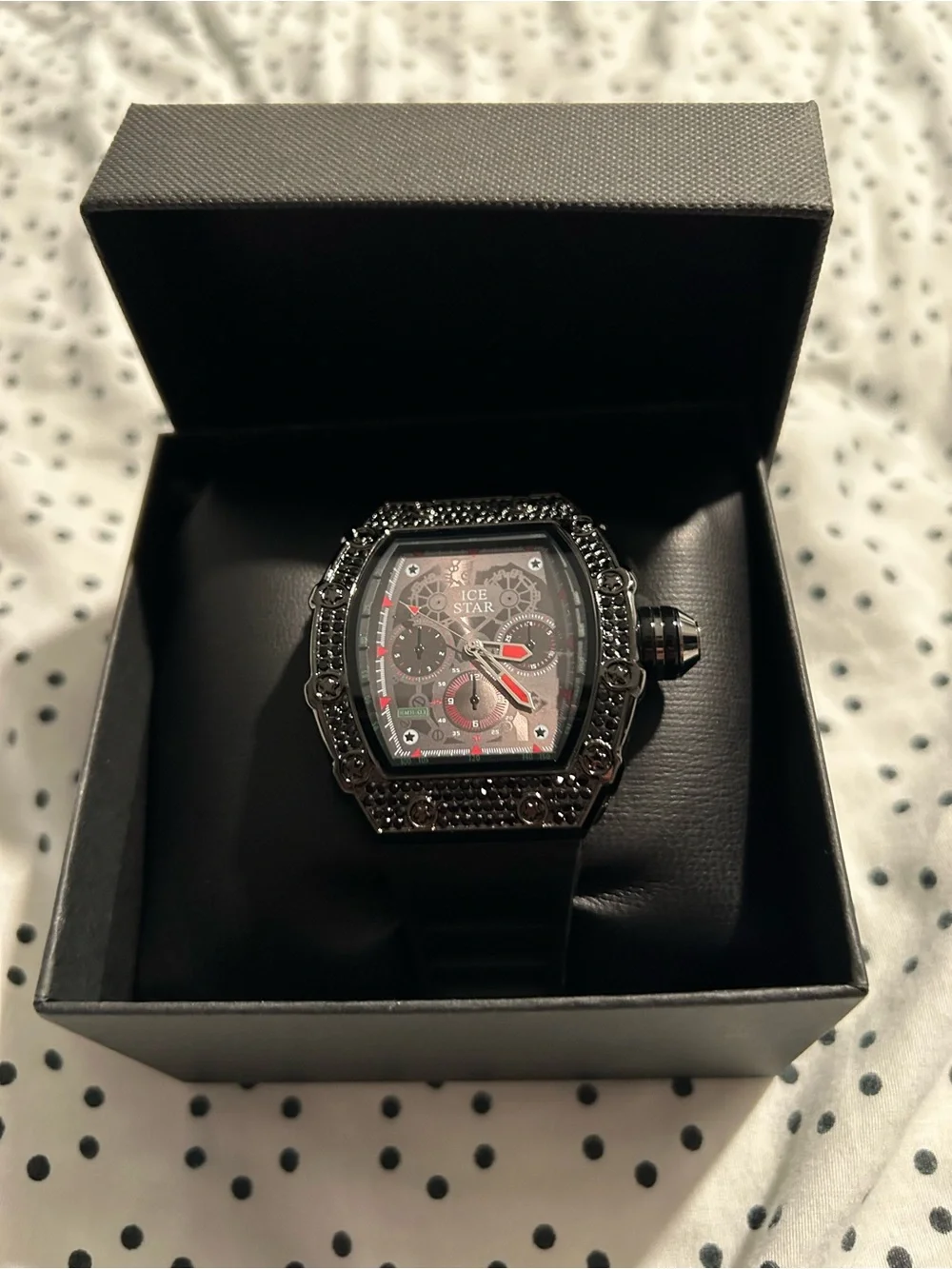 Men's Black Chronograph Ice Star Watch with Red Accents